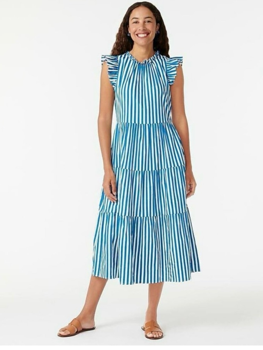 J. Crew Blue and White Striped Tiered Midi Dress